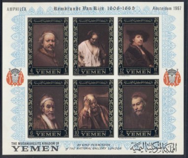 Yemen-Kingdom-1967-MiMS37B-Stamp-Ex-AMPHILEX-Rembrandt-Paintings-gold-frame-MS-IMPERF-MLH