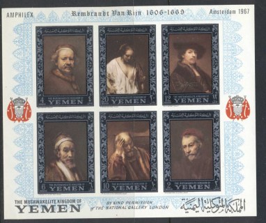 Yemen-Kingdom-1967-MiMSA37B-Stamp-Ex-AMPHILEX-Rembrandt-Paintings-silver-frame-MS-IMPERF-MLH