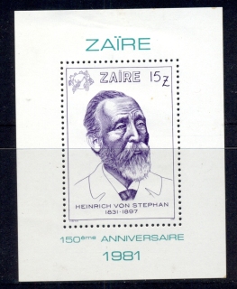 Zaire-1981-UPU-Founder-Heinrich-von-Stephan-light-tone-spots-MS-MUH