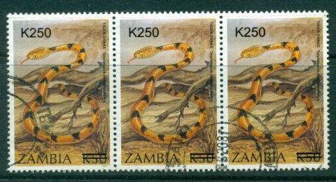 Zambia-2002-K250-Surcharge-on-1994-Tiger-Snake-Strip-3-FU-Lot24040