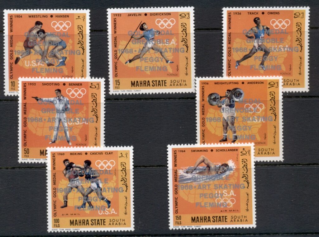 Aden-Mahra-State-1968-Mi147-153-Winter-Olympics-Grenoble-Opt-Peggy-Fleming-USA-MUH
