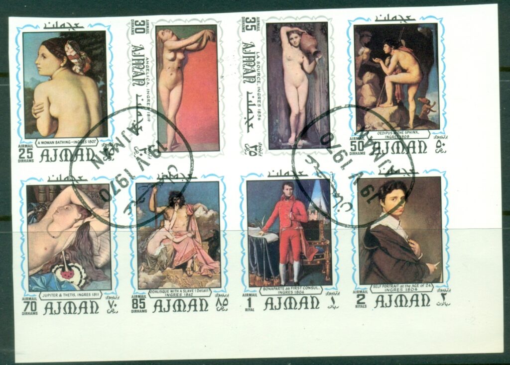 Ajman-1970-Mi629-636B-Paintings-by-Jean-Auguste-Dominique-Ingres-IMPERF-Block-8-CTO