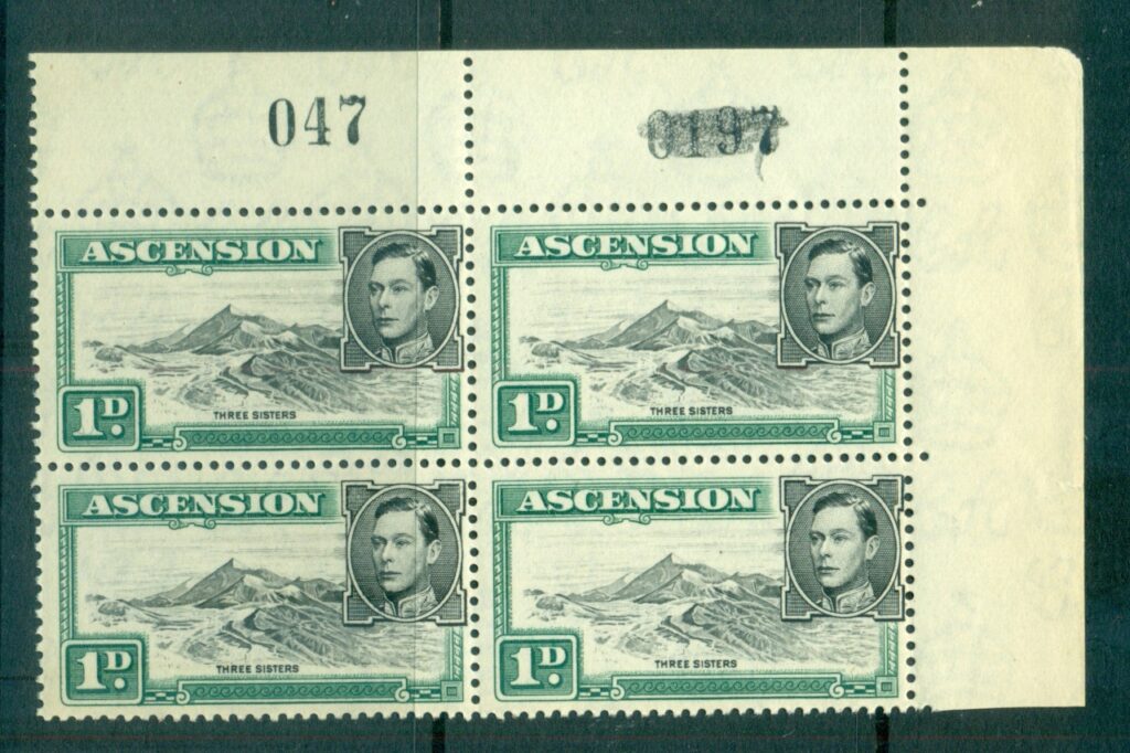 Ascension-Is-1938-53-1d-green-Three-Sisters-P13-Sheet-Cnr-Blk-4-light-tonesMUH-lot66109