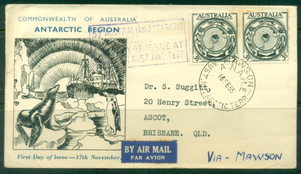 Australia-1955-Antarctic-Region-tones-Stamp-Mart-black-FDC