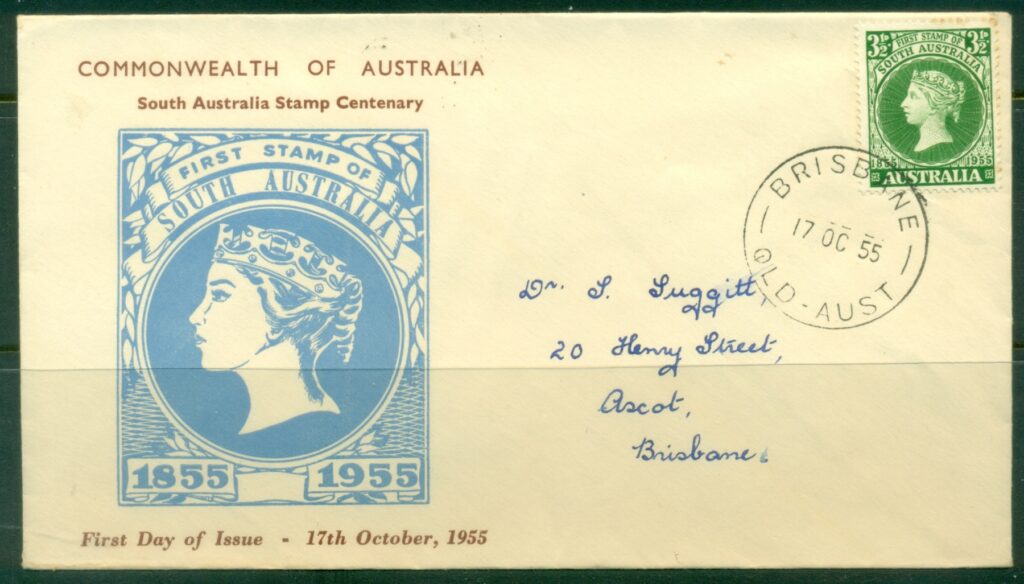 Australia-1955-South-Australia-Stamp-centenary-tones-Stamp-Mart-FDC