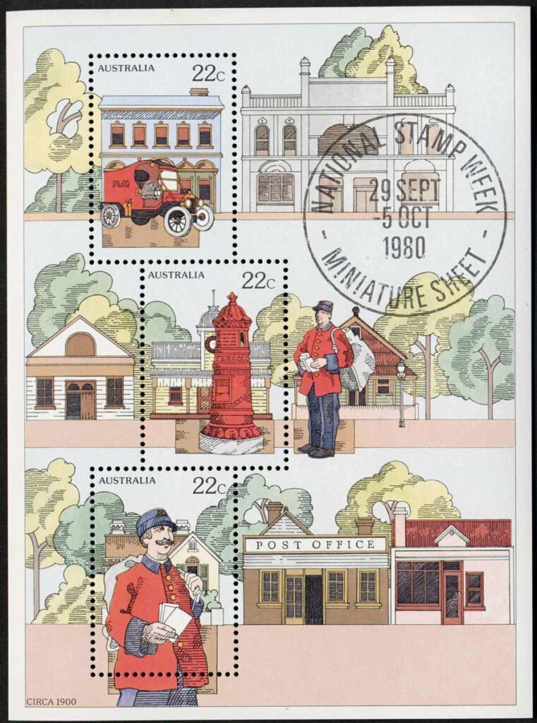 Australia-1980-National-Stamp-Week-5-x-22-cent-Multi-P13x13-5-Stamps-on-MS-have-different-backgrounds-to-their-original-single-versions-SGMS757