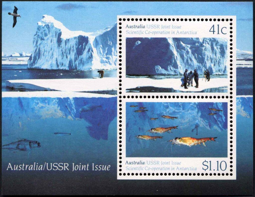 Australia-1990-Australian-Soviet-Scientific-Cooperation-in-Antarctica-2-x-1-1-dollar-Multi-P14-50-Mini-sheet-SG1263MS