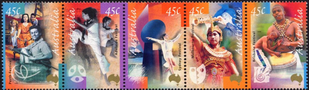 Australia-2000-Arts-festivals-5-x-45-cent-Multi-P14-5-x-14-Strip-SG1955a