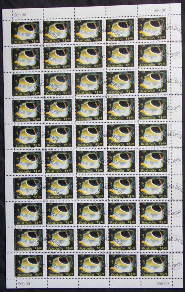 Australia-2010-1-jpg-20-Fishes-Saddle-Butterflyfish-CTO-Sheet-FV-60-lot48907.jpg