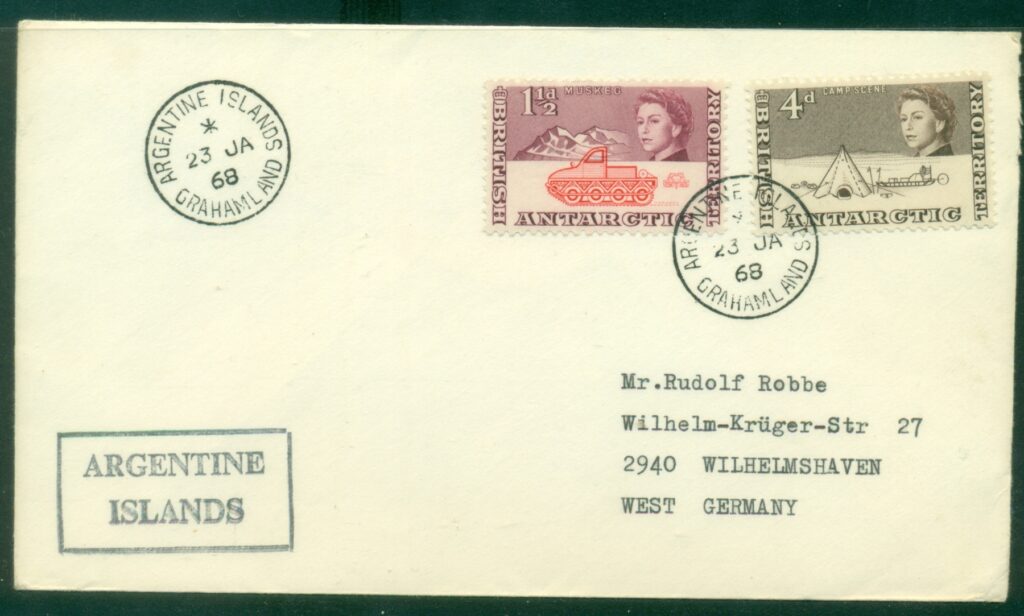 BAT-1968-1&frac12;d-Muskeg-4d-Camp-Scene-Argentine-Islands-Graham-Land-to-Germany-Cover