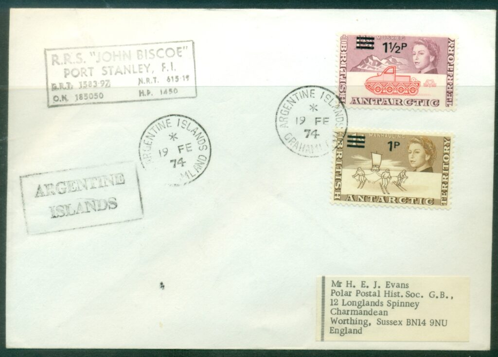 BAT-1974-Surcharged-1&frac12;p-Muskeg-1p-Manhauling-RRS-John-Biscoe-to-UK-cover