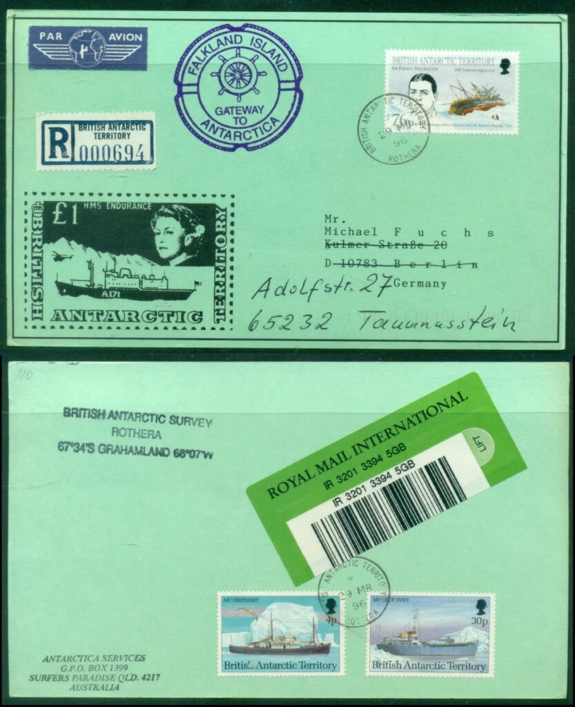 BAT-1996-Antarctic-Heritage-764p-Research-Ships-4-30p-Rothera-Registered-Card-to-Germany-cover