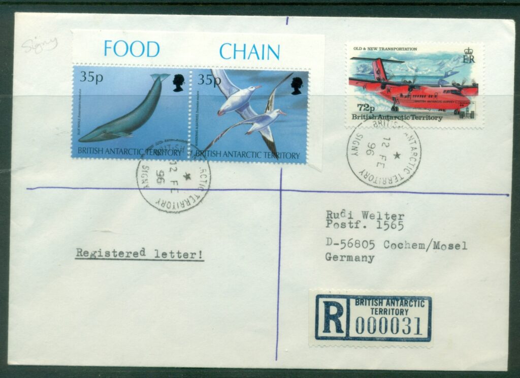 BAT-1996-Food-chain-35p-pair-Transport-72p-Registered-Signy-to-Germany-cover