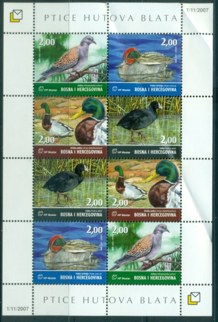 Bosnia-Herzegovina-2007-Water-Fowl-Birds-creased-MS-MUH