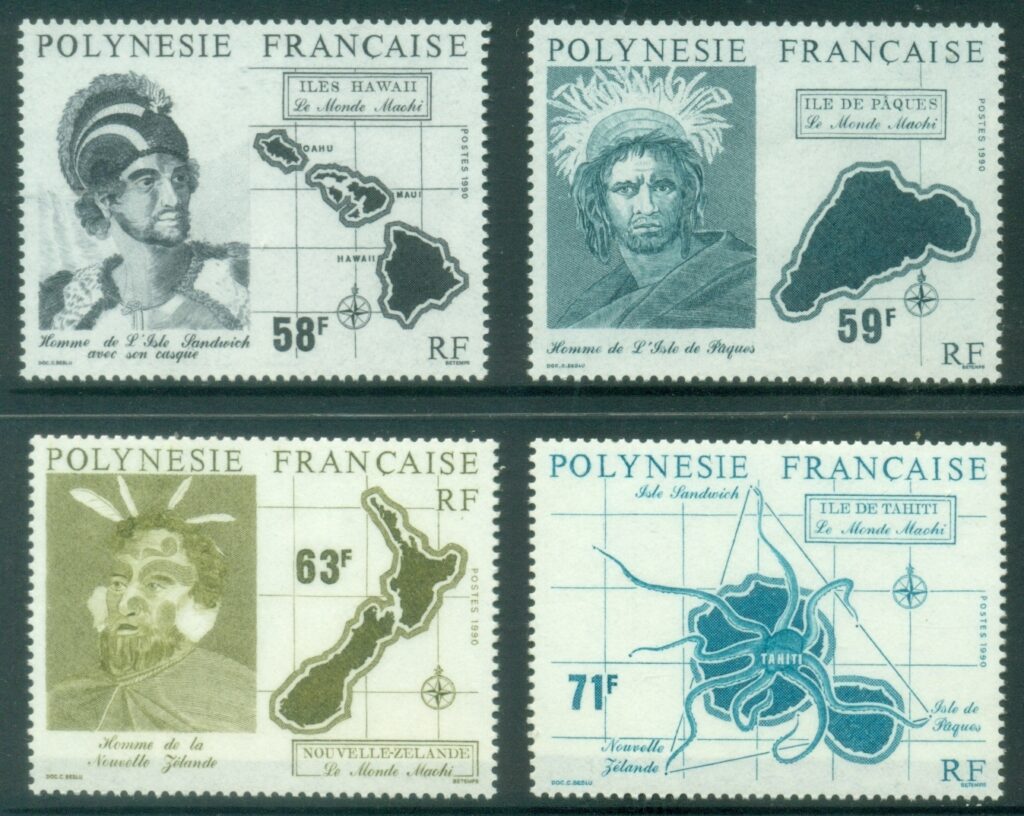 French-Polynesia-1990-Maori-Settlers-Maps-of-island-settlements-MUH