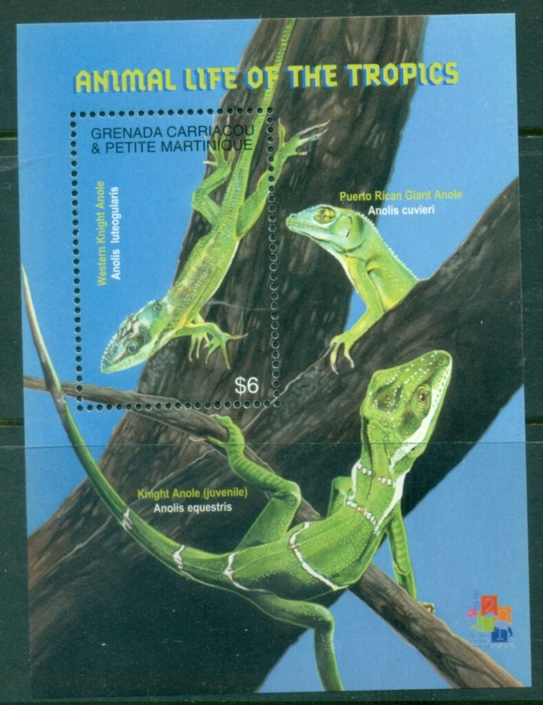 Grenada-Carriacou-Petite-Martinique-2001-Animal-Life-of-the-Tropics-Western-Knight-Anole-HK-Stamp-Ex-MS-MUH