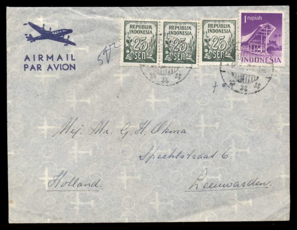 Indonesia-1953-Air-Mail-cover-to-Leewarden
