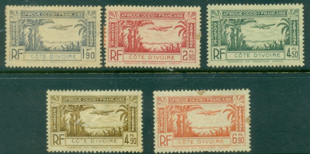 Ivory-Coast-1940-Airmails-faults-space-fillers-MLH