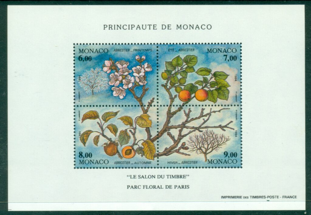 Monaco-1994-International-Stamp-Exhibition-LE-SALON-DU-TIMBRE-The-Four-Seasons-of-the-Apricot-Tree-MS-MUH_1