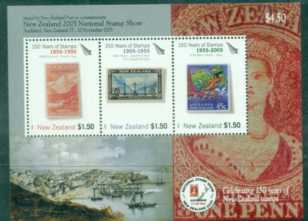 New-Zealand-2005-National-Stamp-Exhibition-NATIONAL-STAMP-SHOW-2005-Auckland-The-150th-Anniversary-of-New-Zealand-Stamps-MS-MUH