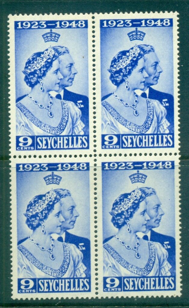 Seychelles-1948-KGVI-Silver-Wedding-9c-Blk-4-suntanned-gum-MUH