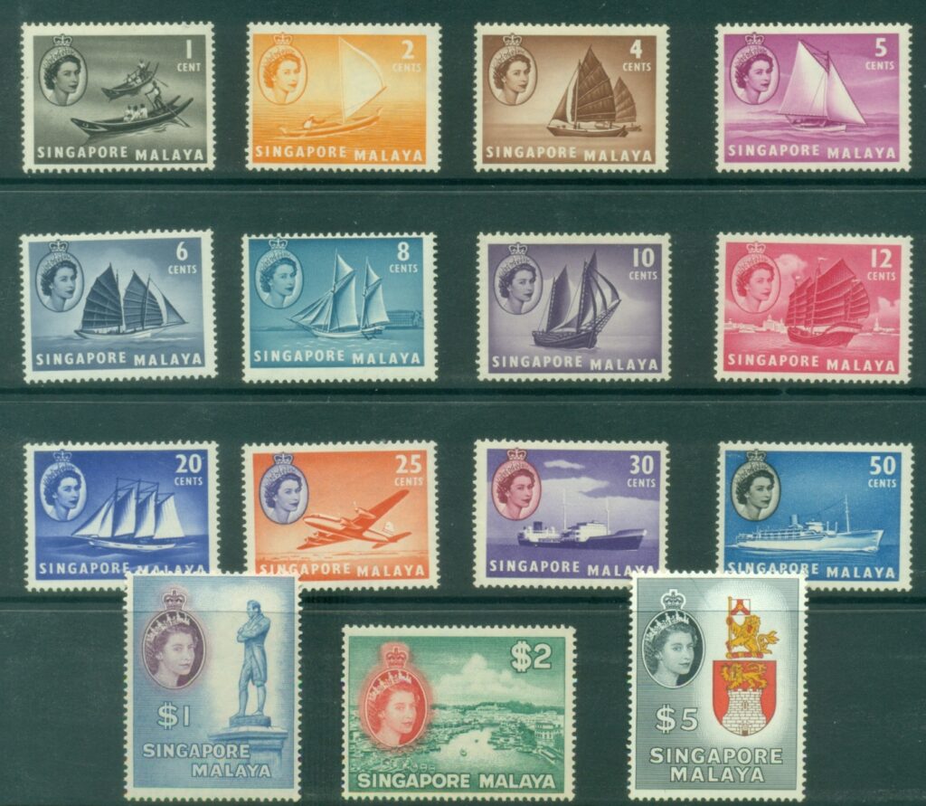 Singapore-1955-QEII-Pictorials-Ships-Arms-MLH