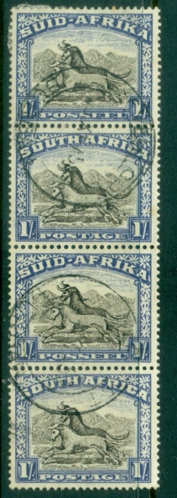 South-Africa-1933-54-1sh-Gnu-strip-4-FU