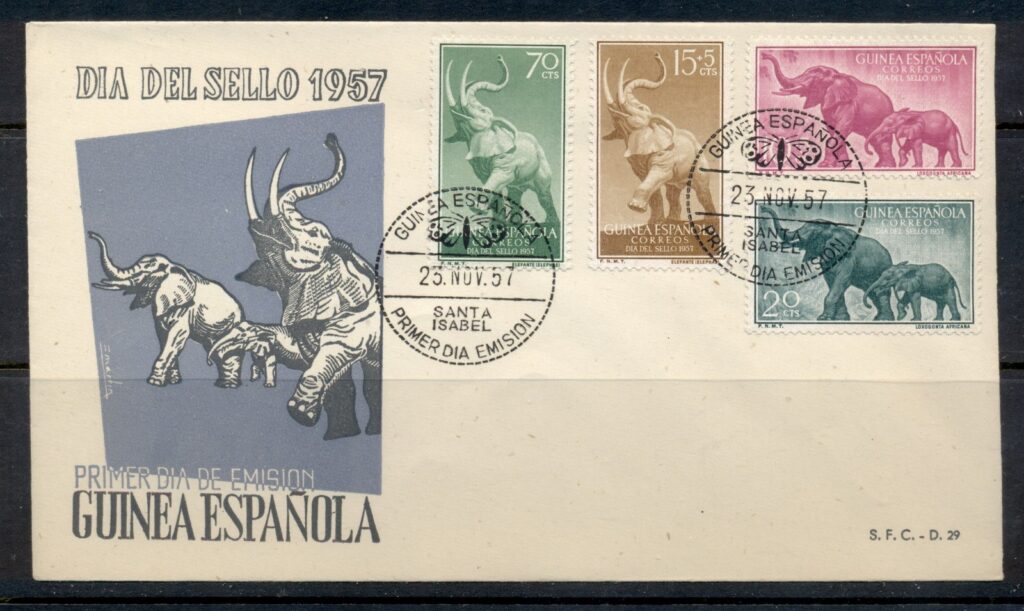 Spanish-Guinea-1957-Stamp-day-Elephants-FDC