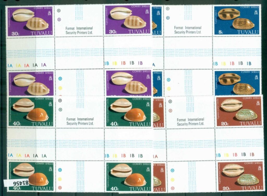 Tuvalu-1980-Cowry-Shells-Cross-Gutter-Blocks-MUH-lot81456