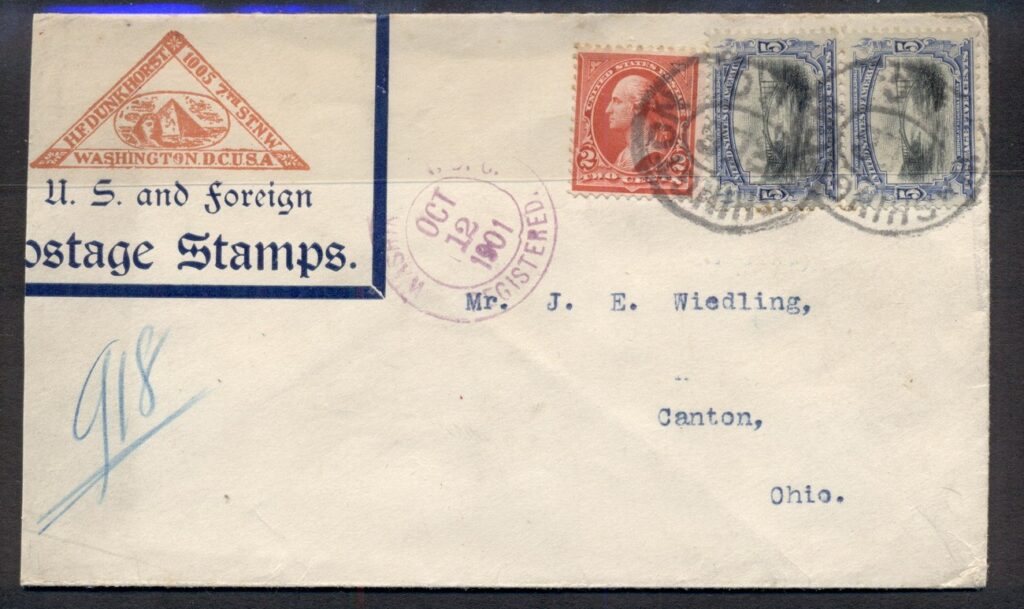 USA-1901-pair-5c-Pan-American-on-Registered-Stamp-dealer-advertising-cover